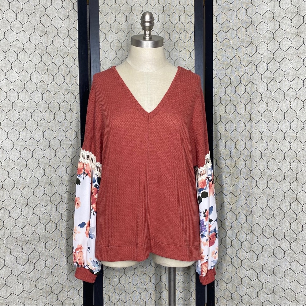 Story Sweater V-Neck Sweater from Red Dress with Floral Print Sleeves